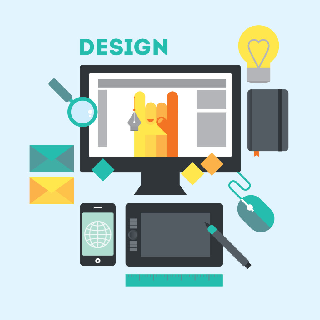 Designer's workspace and stuff. Modern workplace of web designer in creative process or process of development. Modern vector illustration in flat style.